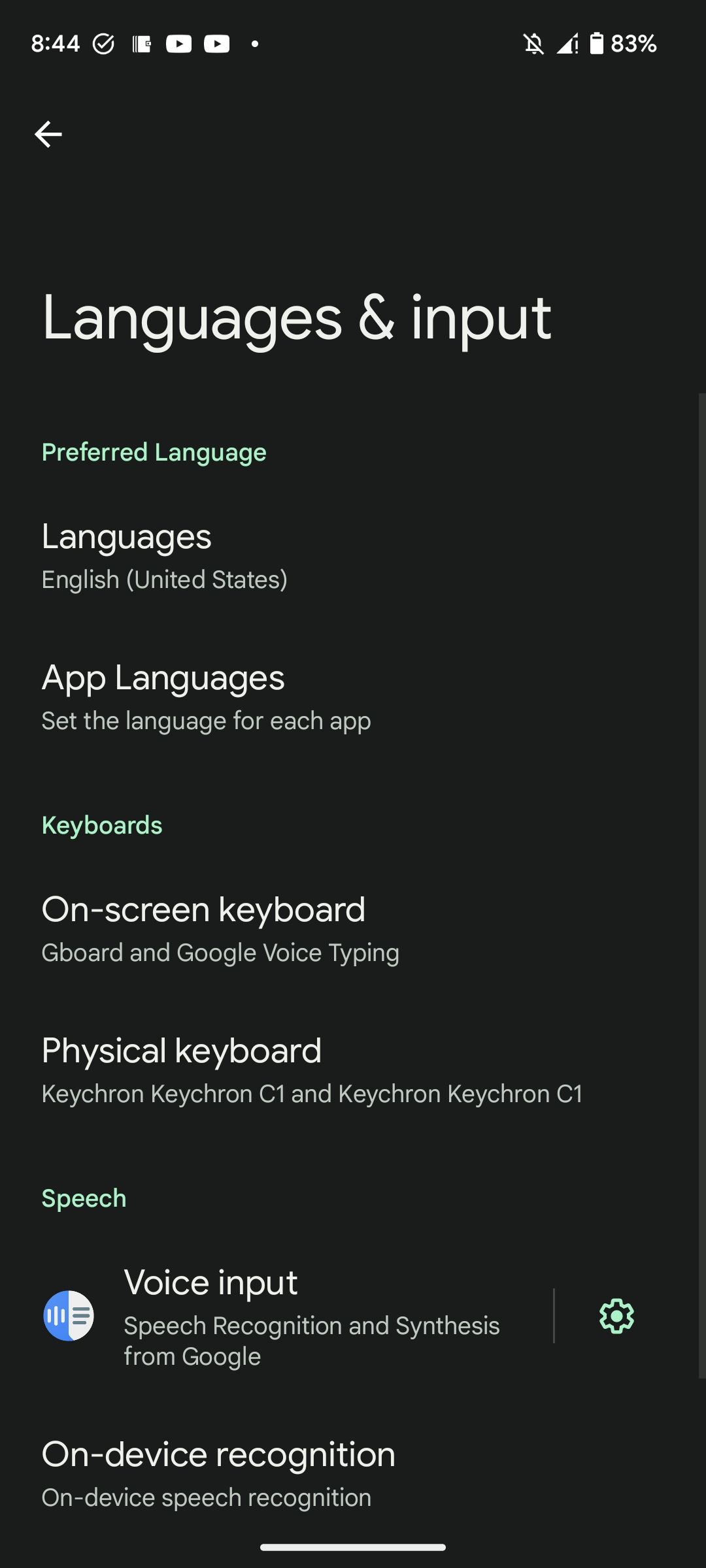 Languages & input page in Android