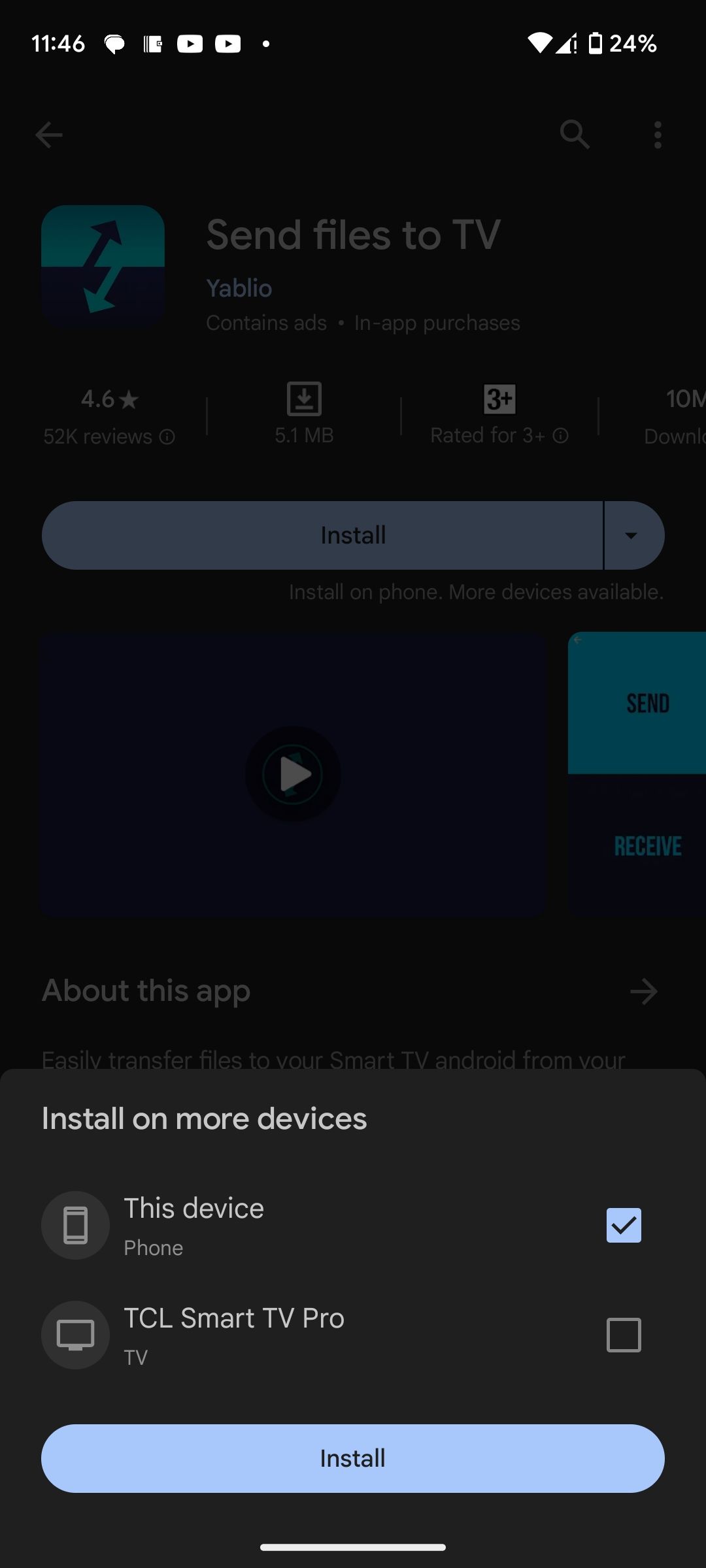 انتخاب دستگاه ها برای نصب برنامه Send Files to TV