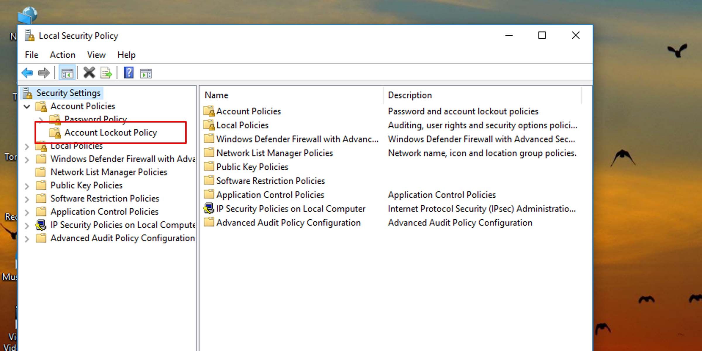 Alterar o bloqueio de conta do Windows na Política de Segurança 