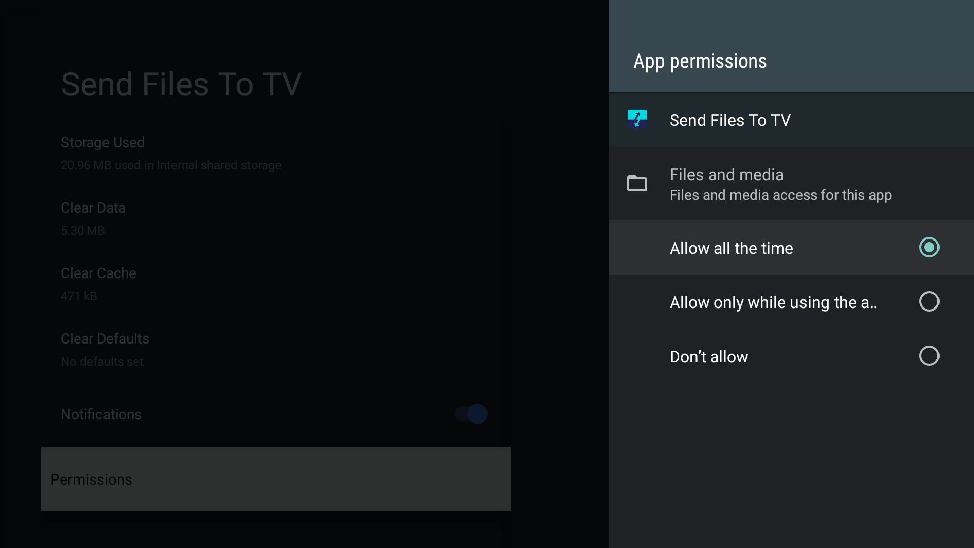 Conceder permissão ao aplicativo Enviar arquivos para TV para gerenciar todos os arquivos
