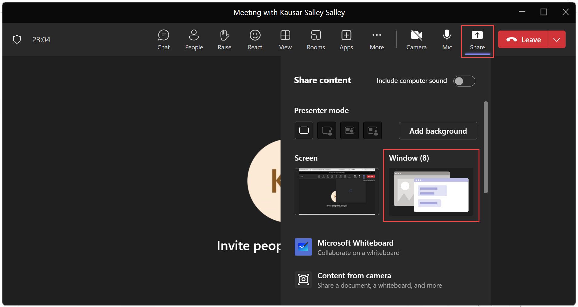 Click Share and Window and Microsoft Teams