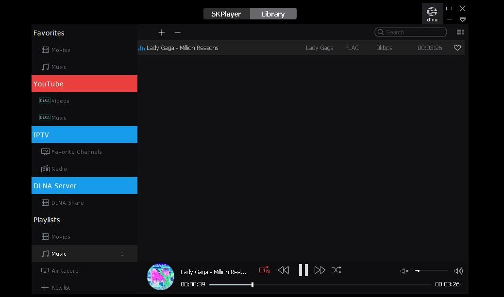 Captura de tela da interface do 5kplayer
