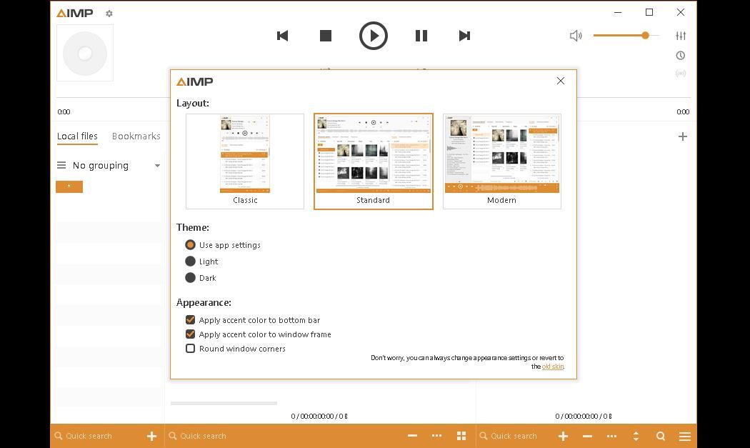 Captura de tela mostrando temas personalizados do AIMP