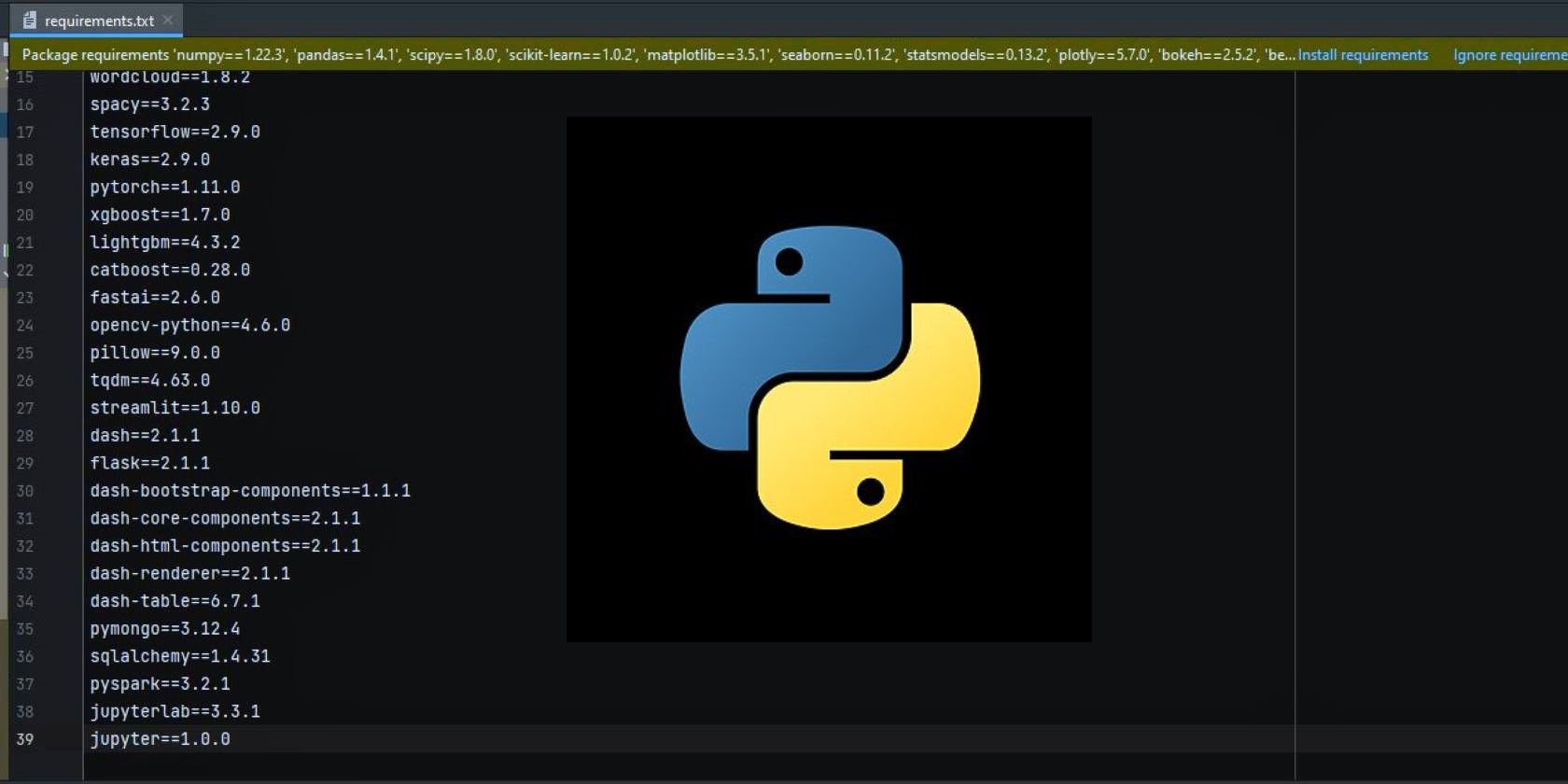 Project dependencies listed on a requirements.txt file with Python logo overlayed