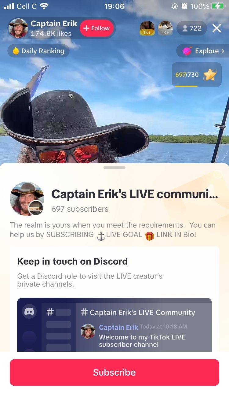 A TikTok creator's live subscription page with their live in the background