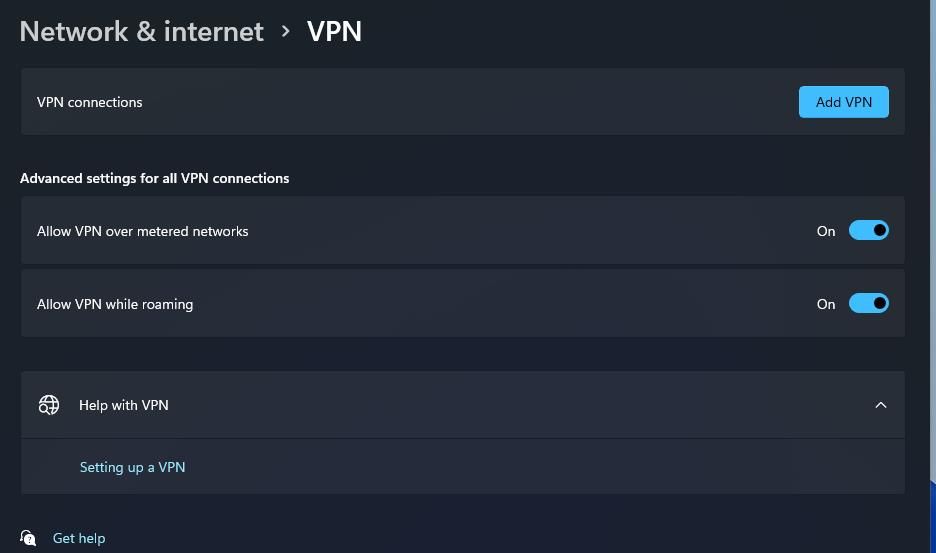 تنظیمات VPN در برنامه تنظیمات