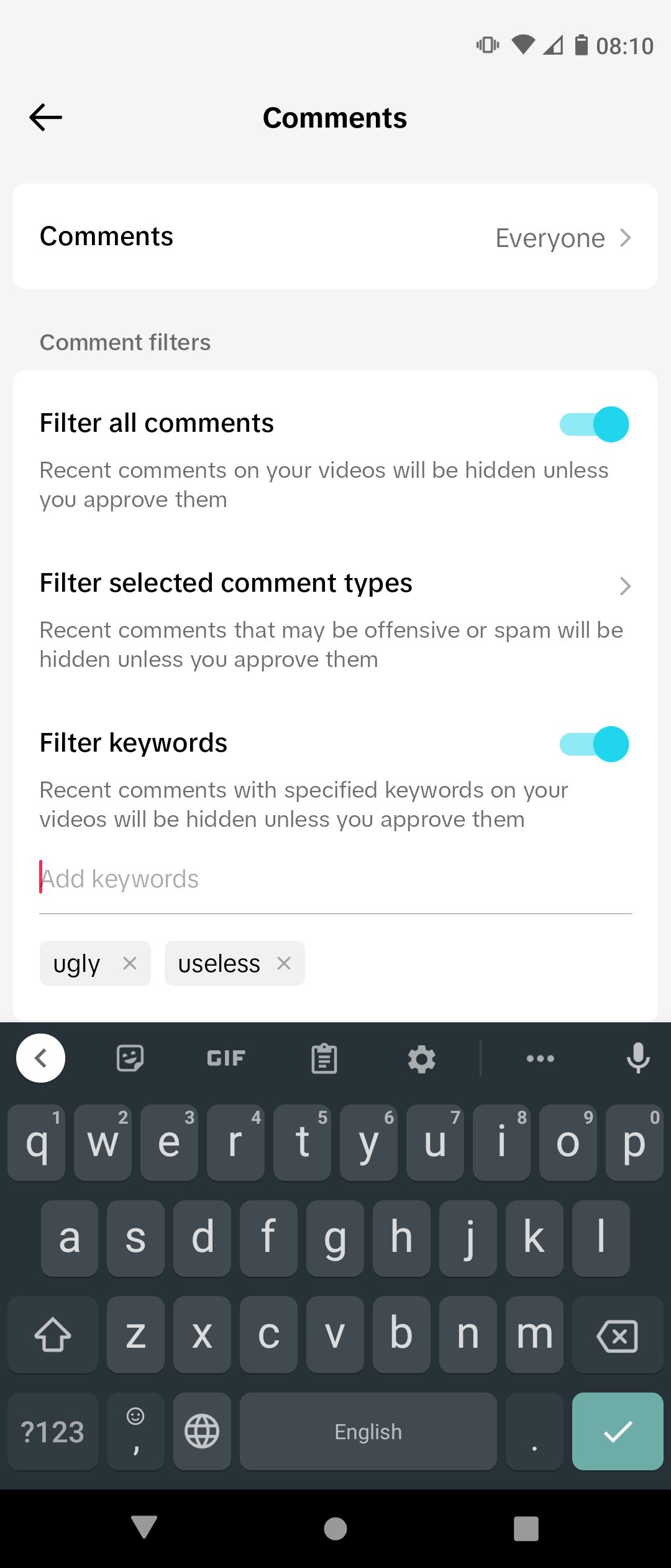 افزودن کلمات کلیدی برای TikTok برای فیلتر کردن نظرات