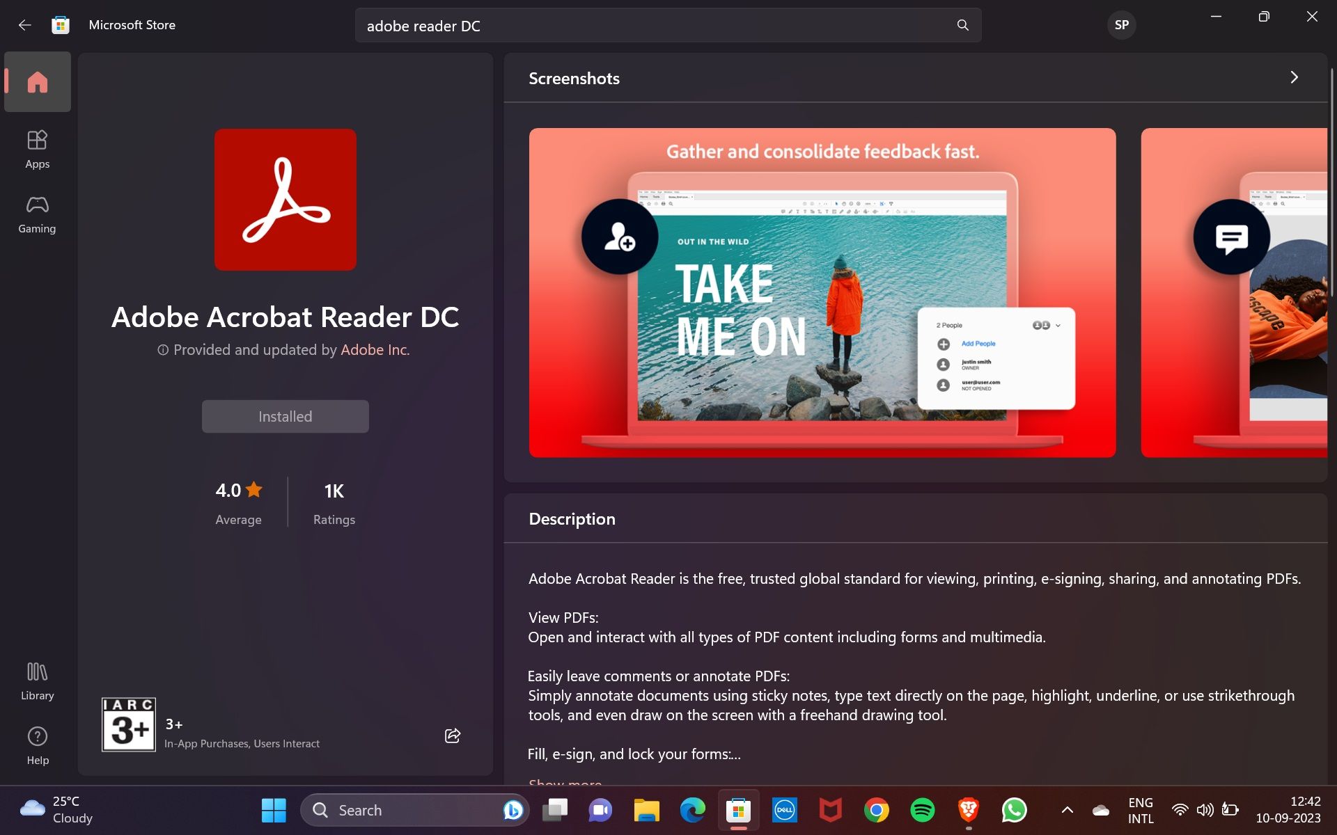 Adobe Reader Установлен из Microsoft Store