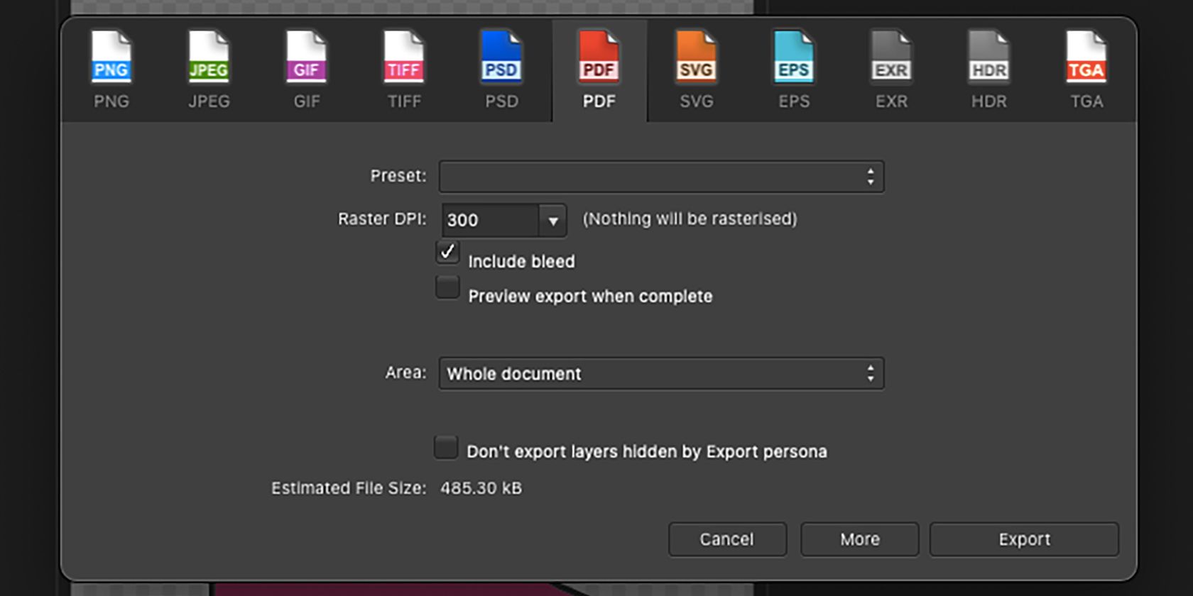 Affinity Designer simpan sebagai menu pengaturan PDF.