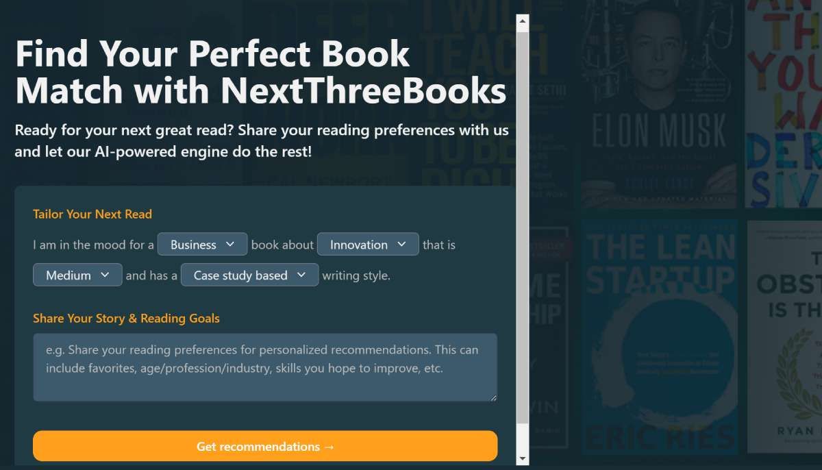Next Three Books sugerează trei titluri dintr-un prompt ChatGPT și vă permite să filtrați rezultatele după gen, stil de scriere, lungime și tip de carte