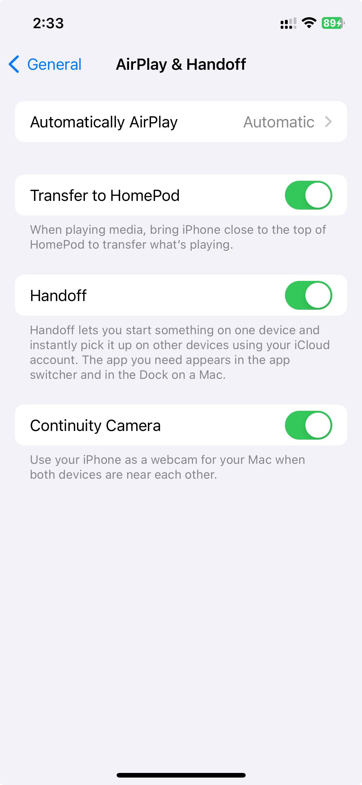 AirPlay & Handoff options under General settings in iOS