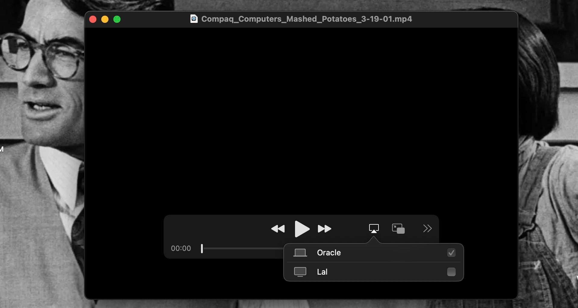 AirPlay menu open in a QuickTime video on MacBook Pro