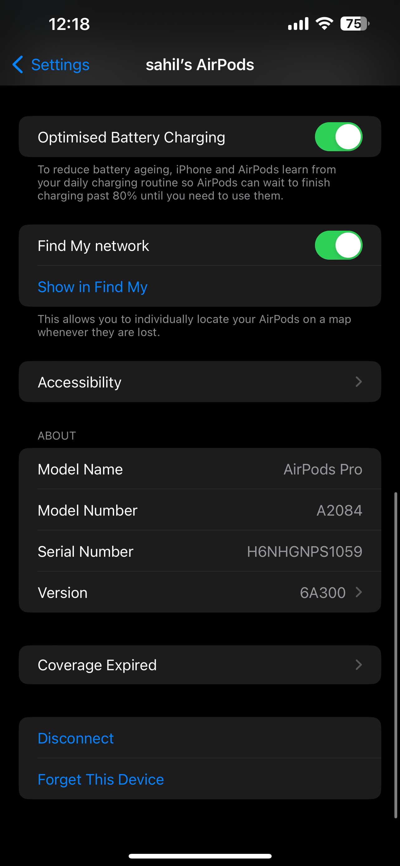 صفحه تنظیمات AirPods در آیفون