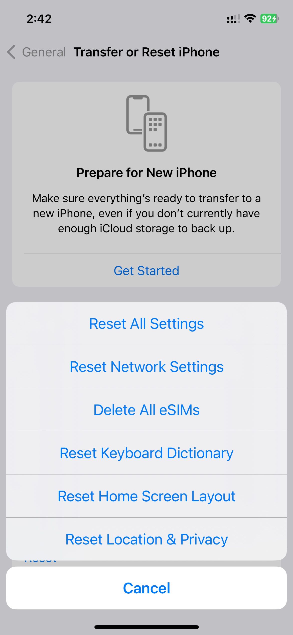 All settings Reset options in iOS