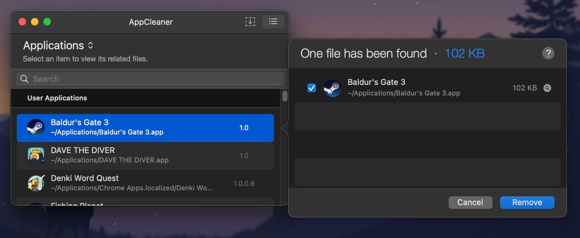 Aplicativo AppCleaner com opção para remover Baldur's Gate 3