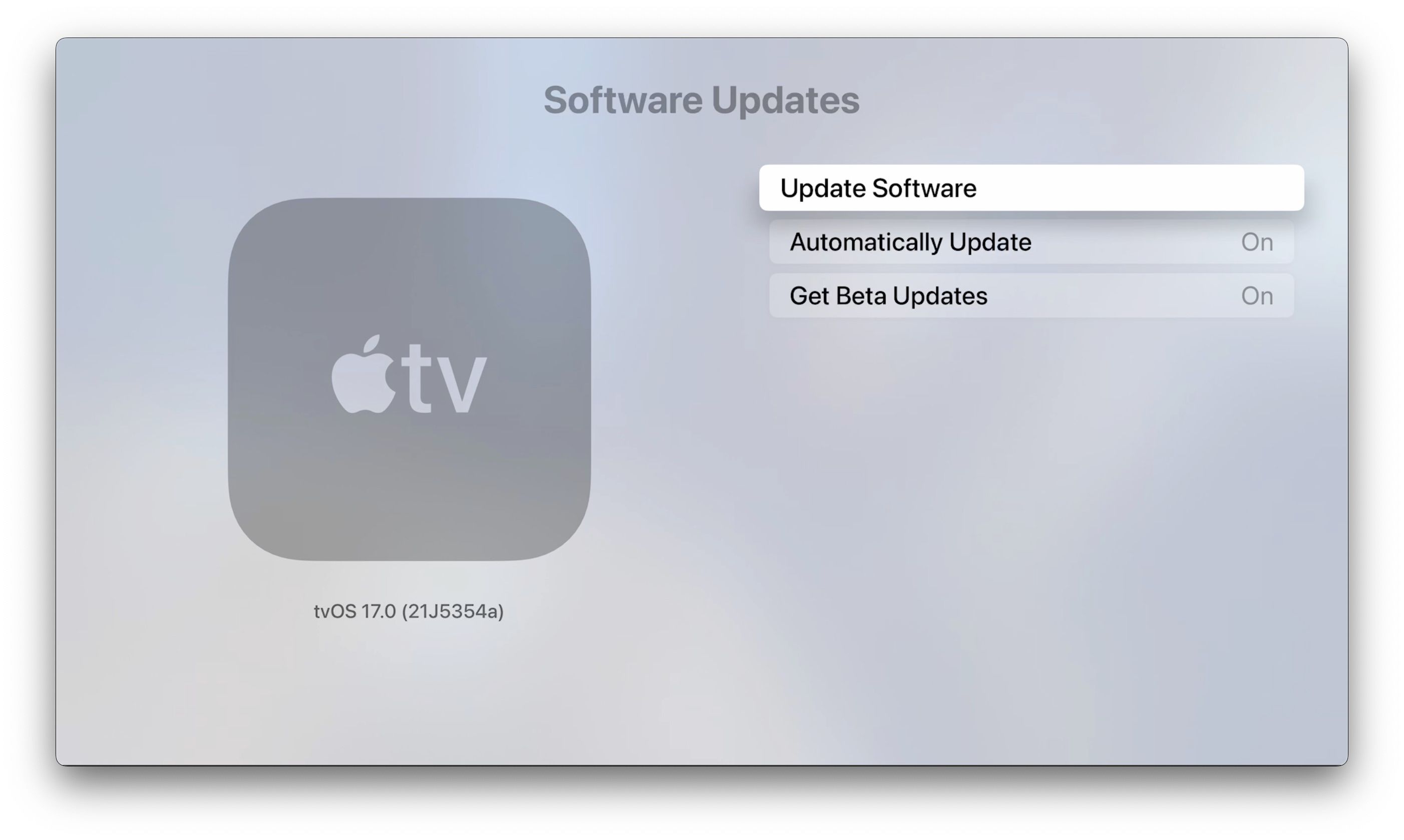 Menu de atualizações de software de configurações do Apple TV 4K