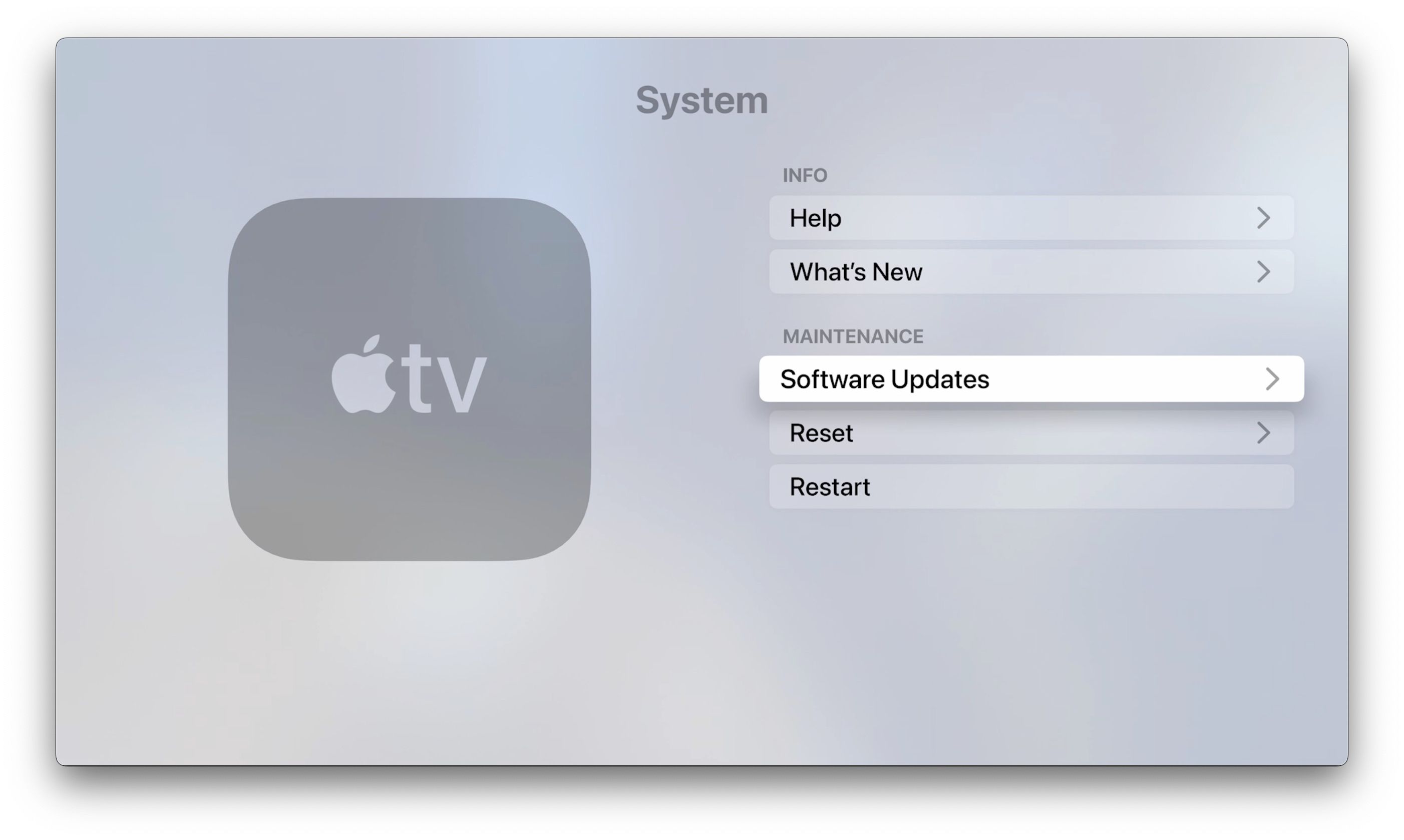 Menu do sistema de configurações do Apple TV 4K