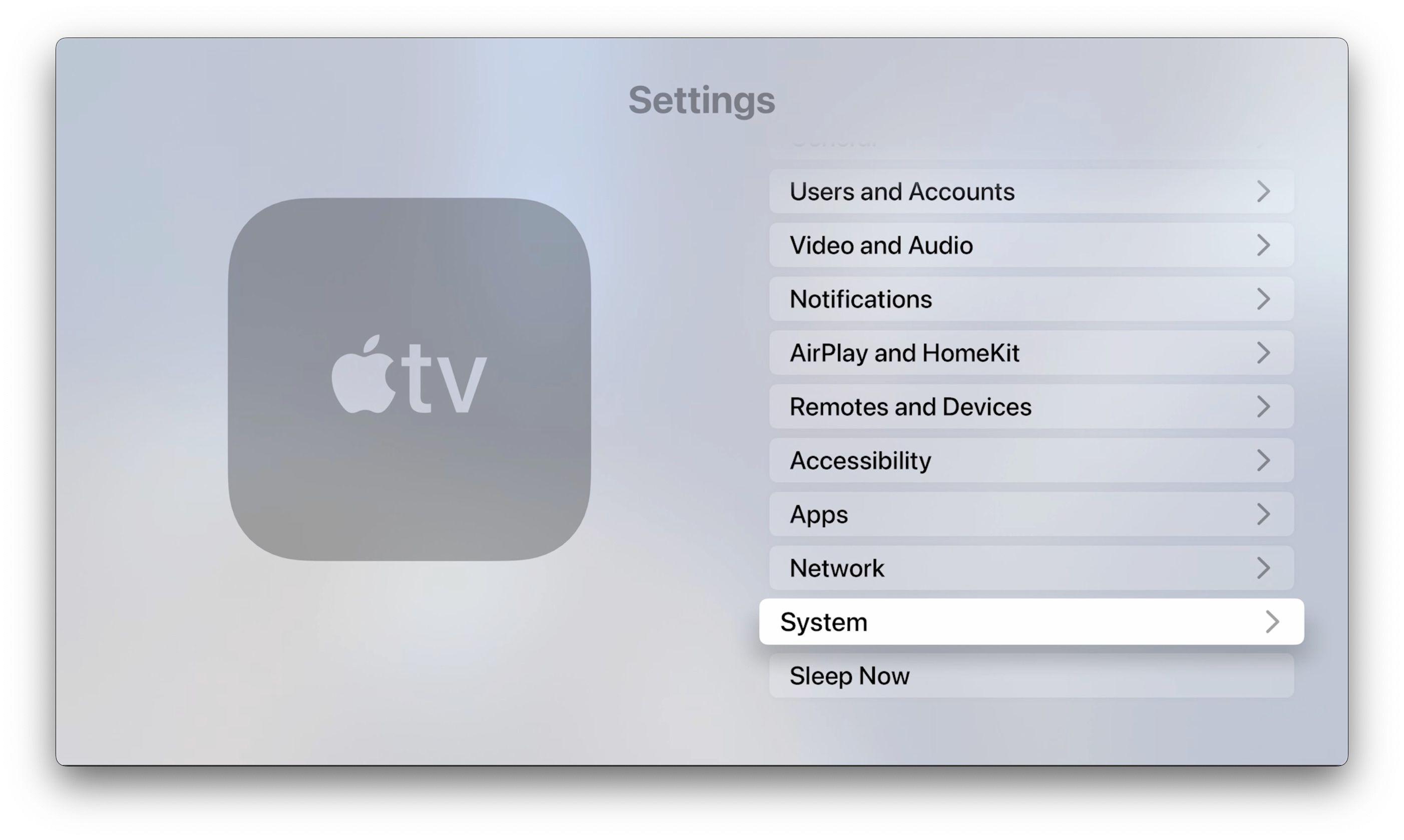 Menu de configurações do Apple TV 4K