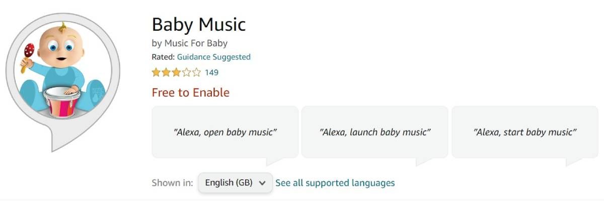 habilidade de alexa de música para bebês. 