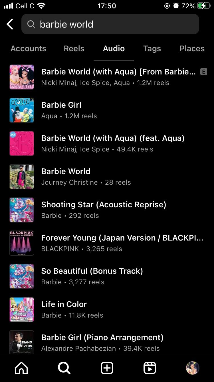 Barbie world audio search in Instagram app