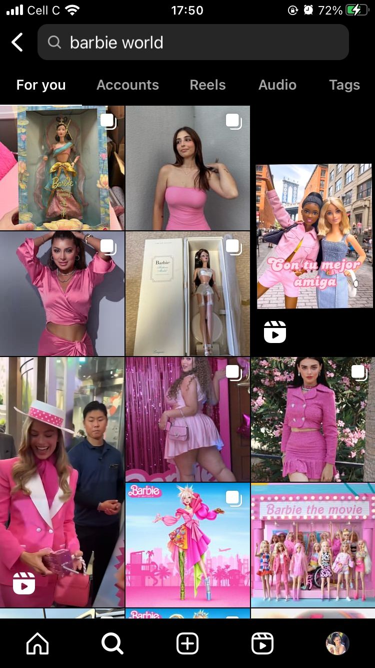 Barbie world search in Instagram app