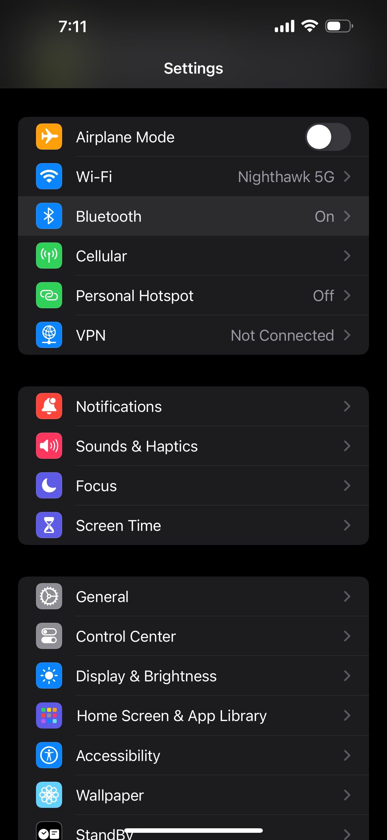 Settings screen in iPhone including Bluetooth