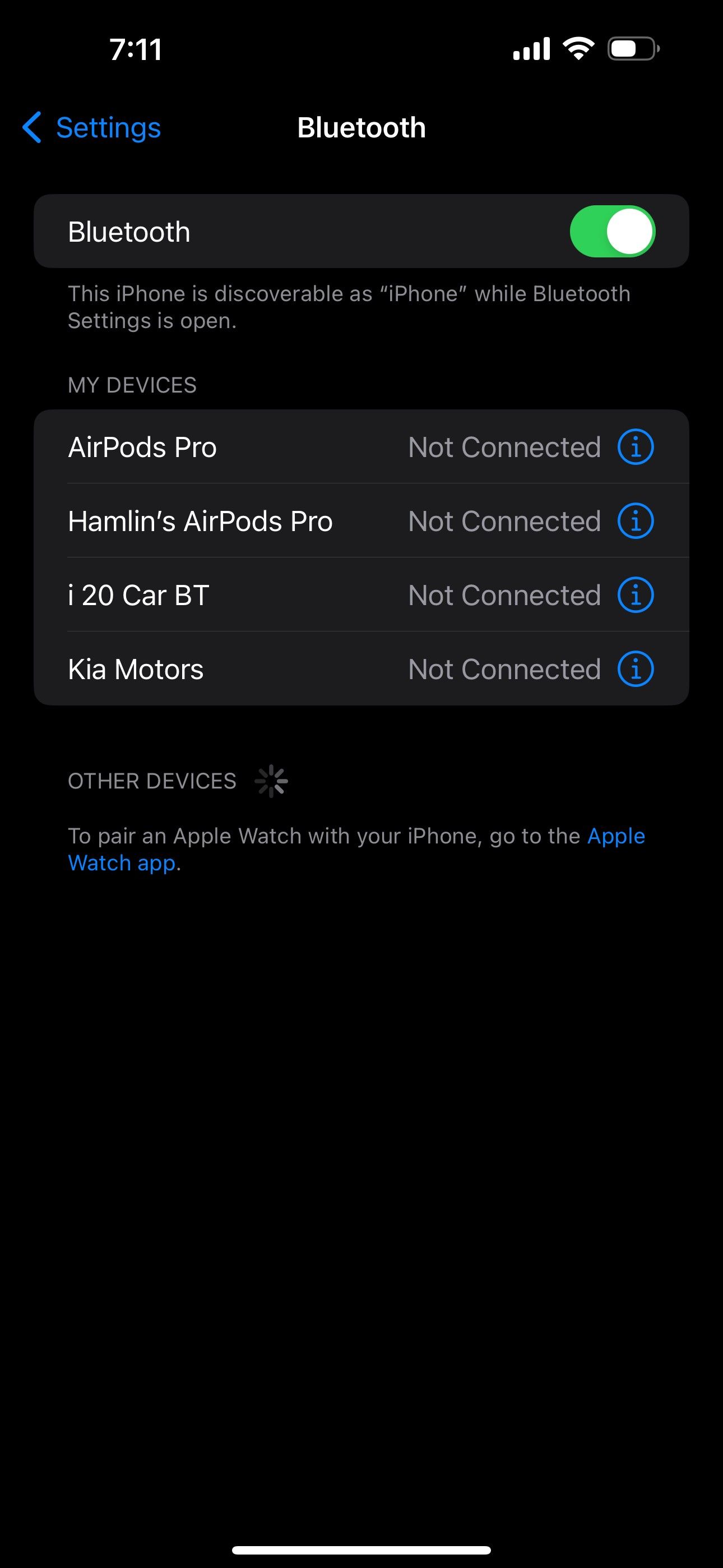 Bluetooth settings with toggle on