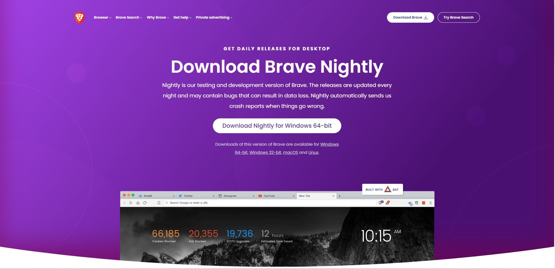 Interfața site-ului web Brave's Nightly Browser