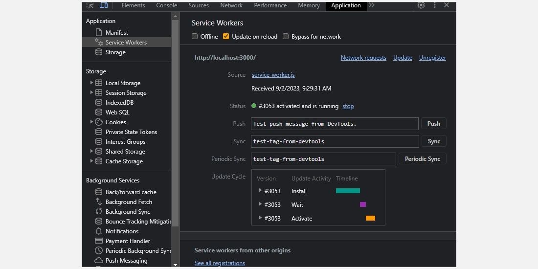 Guia Service Worker das ferramentas do desenvolvedor do Chrome mostrando um Service Worker instalado e ativo em funcionamento.