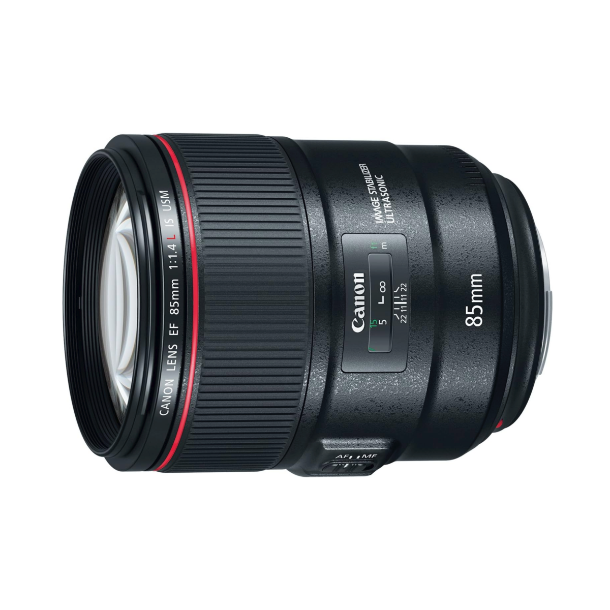 A Canon EF 85mm F1.4L IS USM lens for DSLR cameras