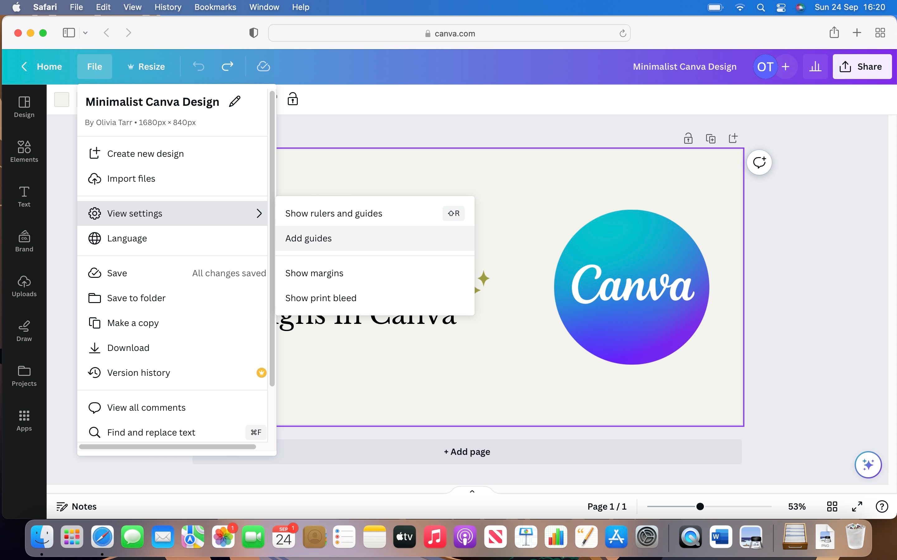 An open Canva project, with the highlighted steps displayed of file, view settings, and add guides.