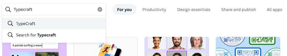 صفحه برنامه های Canva با TypeCraft در نوار جستجو باز می شود