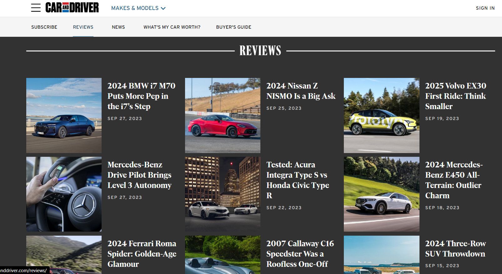Car reviews on the Car and Driver website