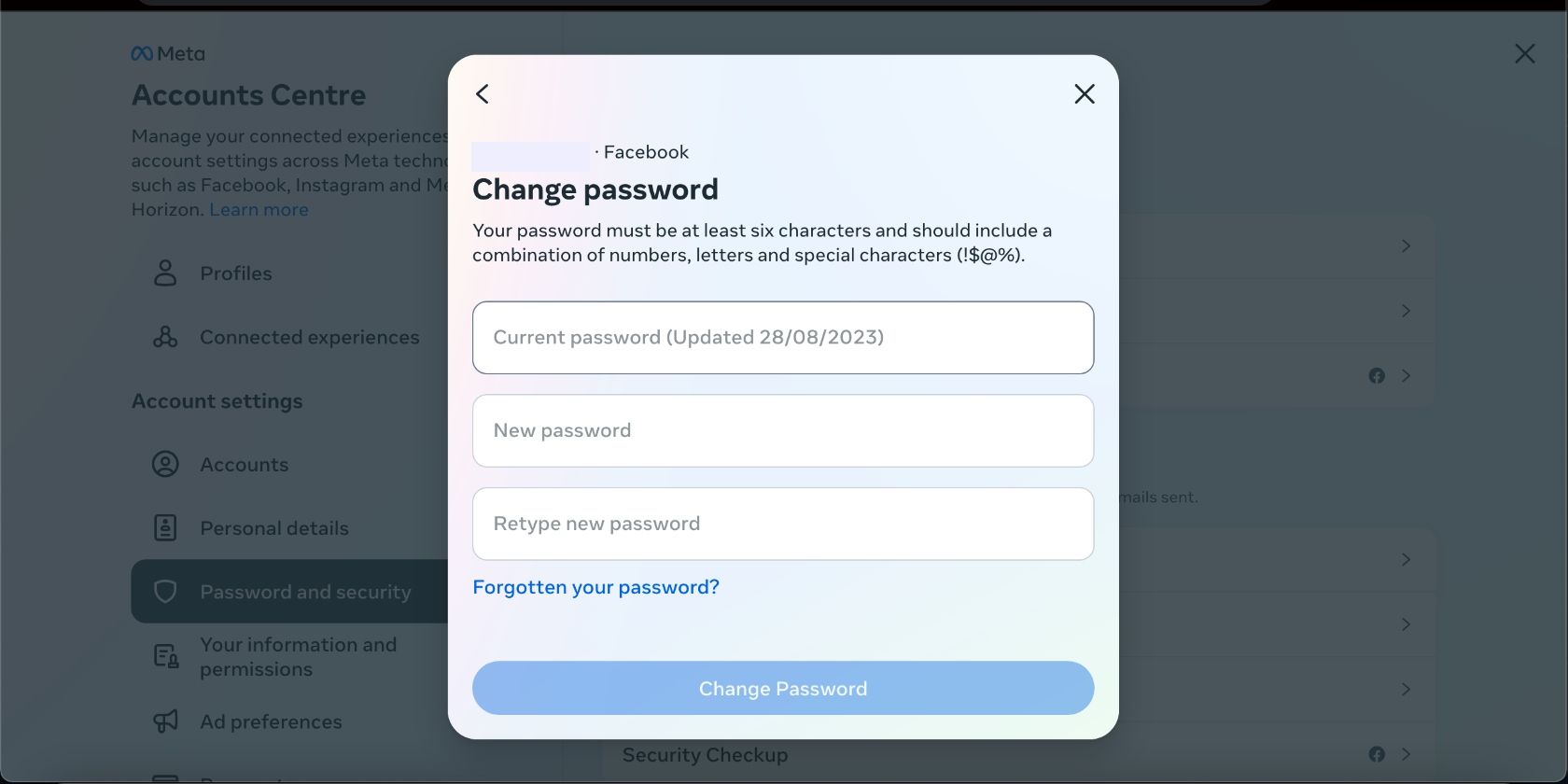 Change password form on Facebook for desktop