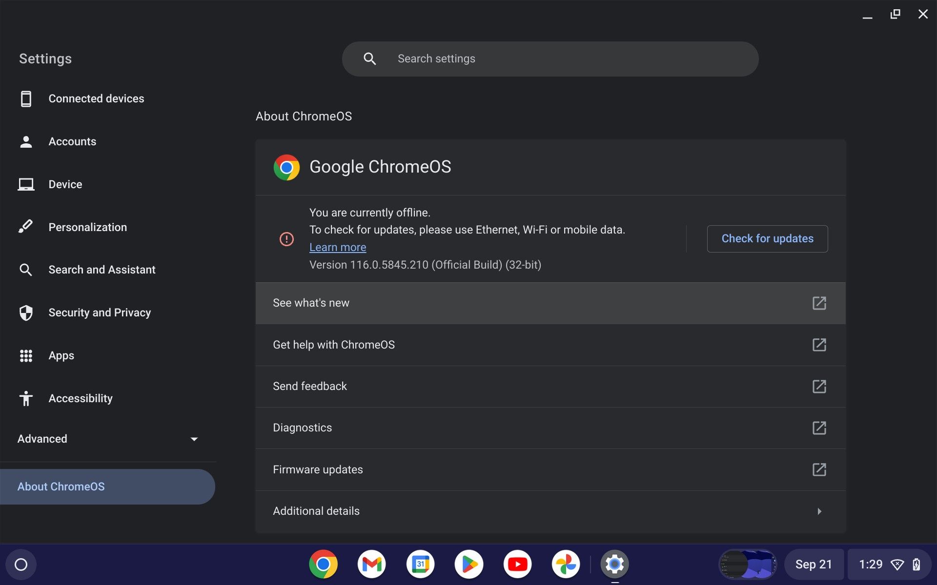 صفحه تنظیمات و به‌روزرسانی‌های Google ChromeOS