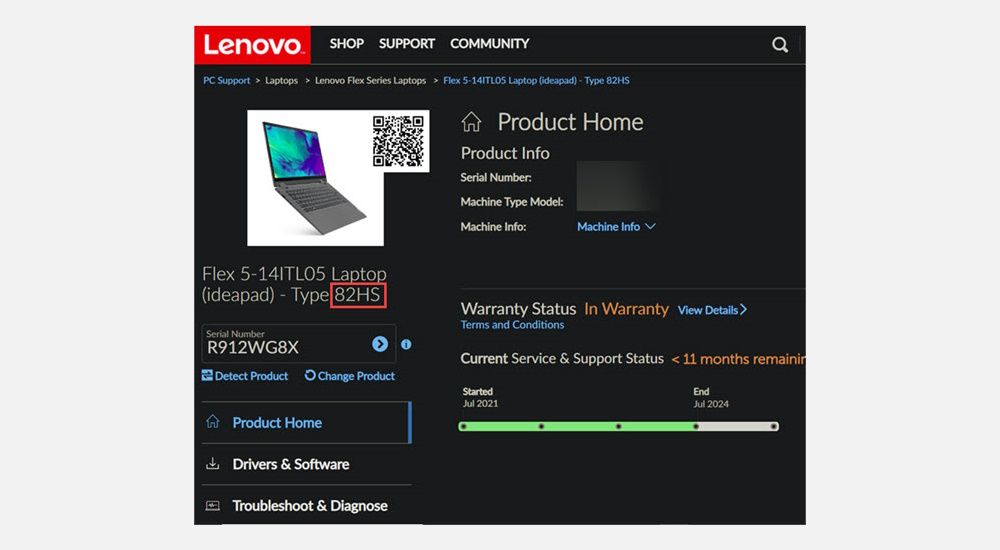 Página inicial do produto Lenovo Laptop exibindo várias informações do sistema, incluindo o número do modelo
