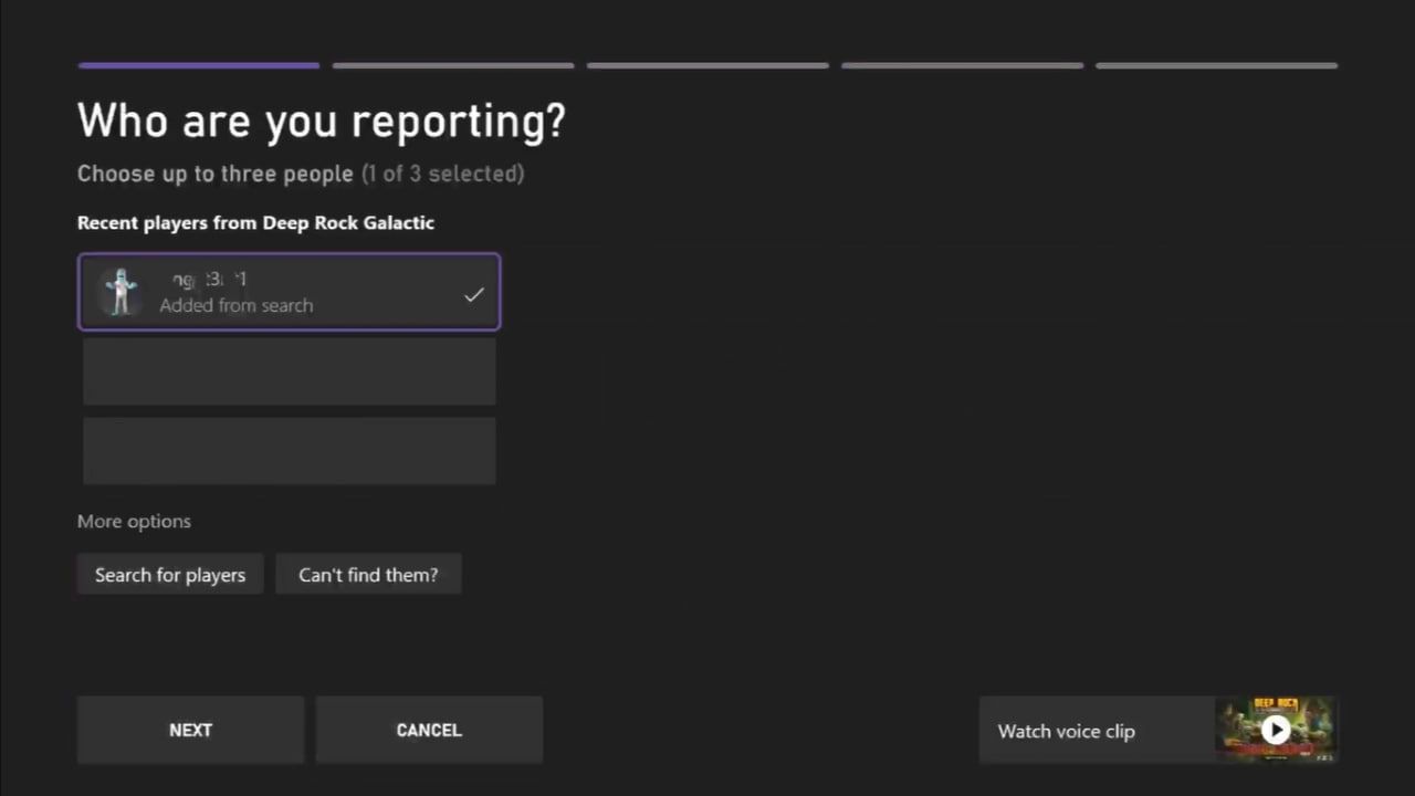تصویری از گزینه های گزارش گزارش در گپ صوتی بازی در Xbox Series X که انتخاب بازیکن را برجسته می کند
