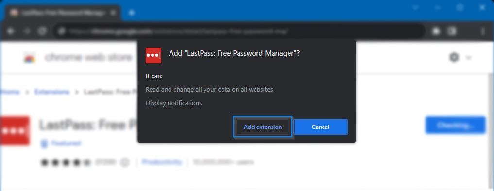 فروشگاه وب مرورگر کروم گوگل برای نصب افزونه lastpass ظاهر می شود