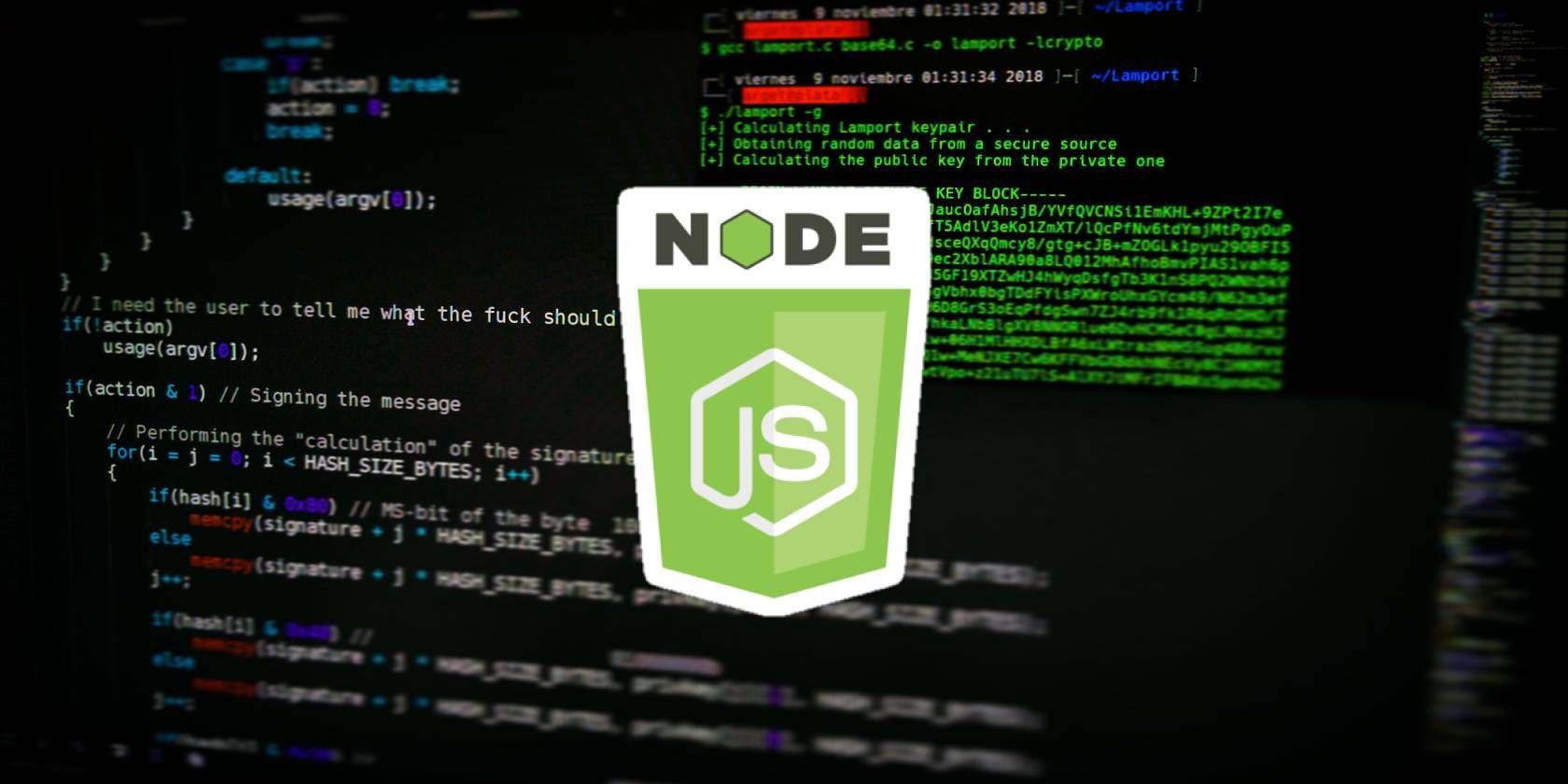 Image of Node.js logo on a background displaying a computer screen with lines of code and a running terminal window