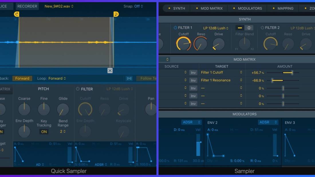 Quick Sampler (слева) и Sampler (справа) в Logic Pro