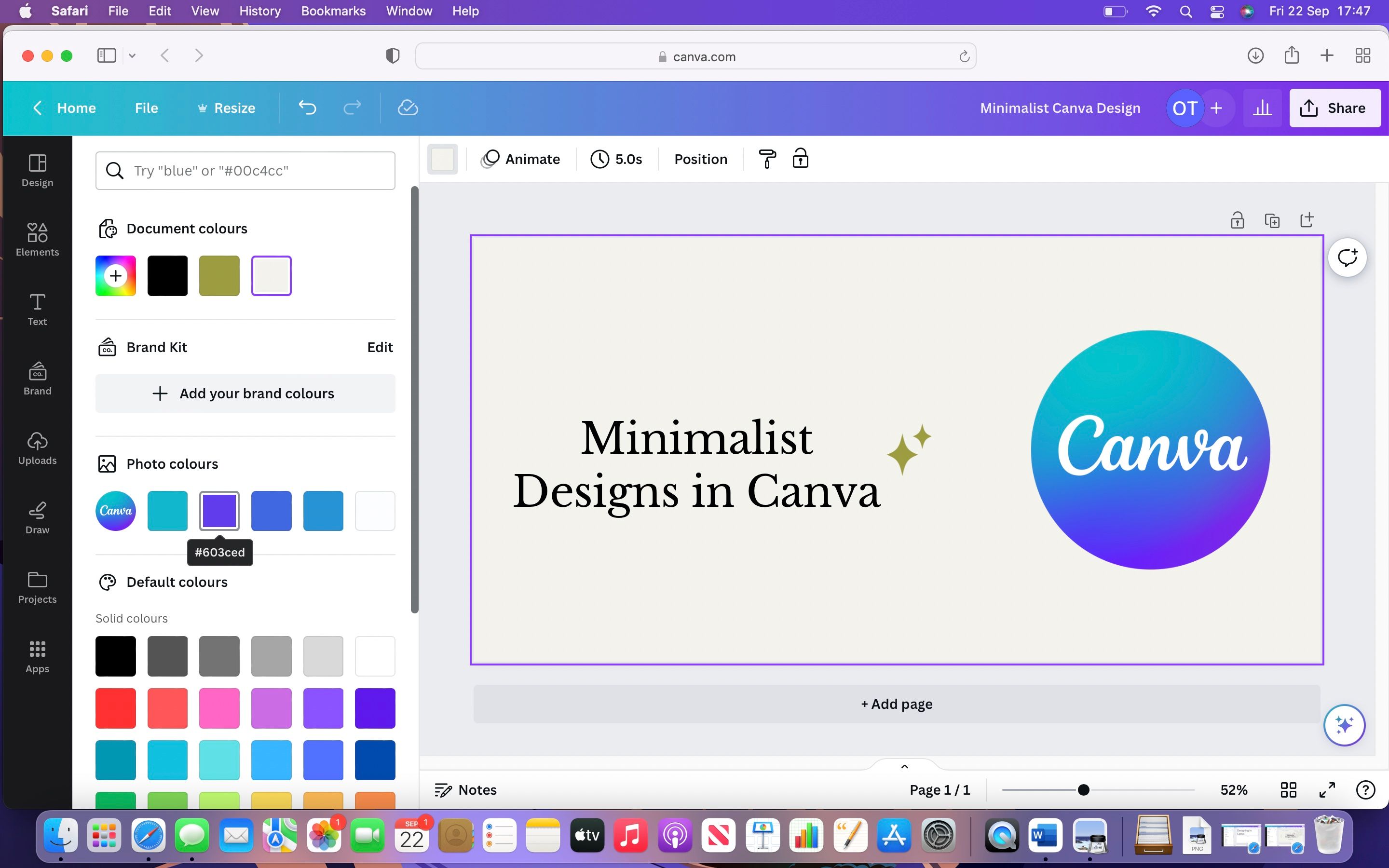 A Canva screenshot showing the highlighted project, alongside the color options drop-down bar.