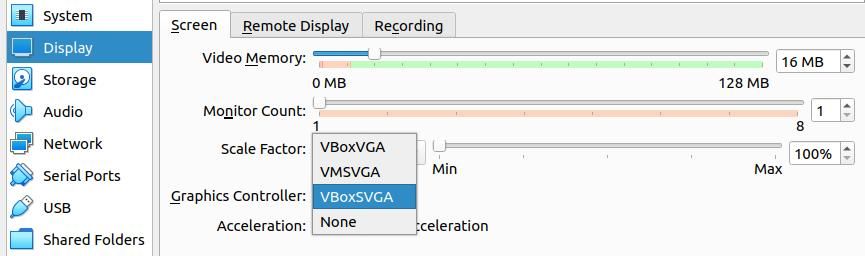 configuring graphics settings in virtualbox