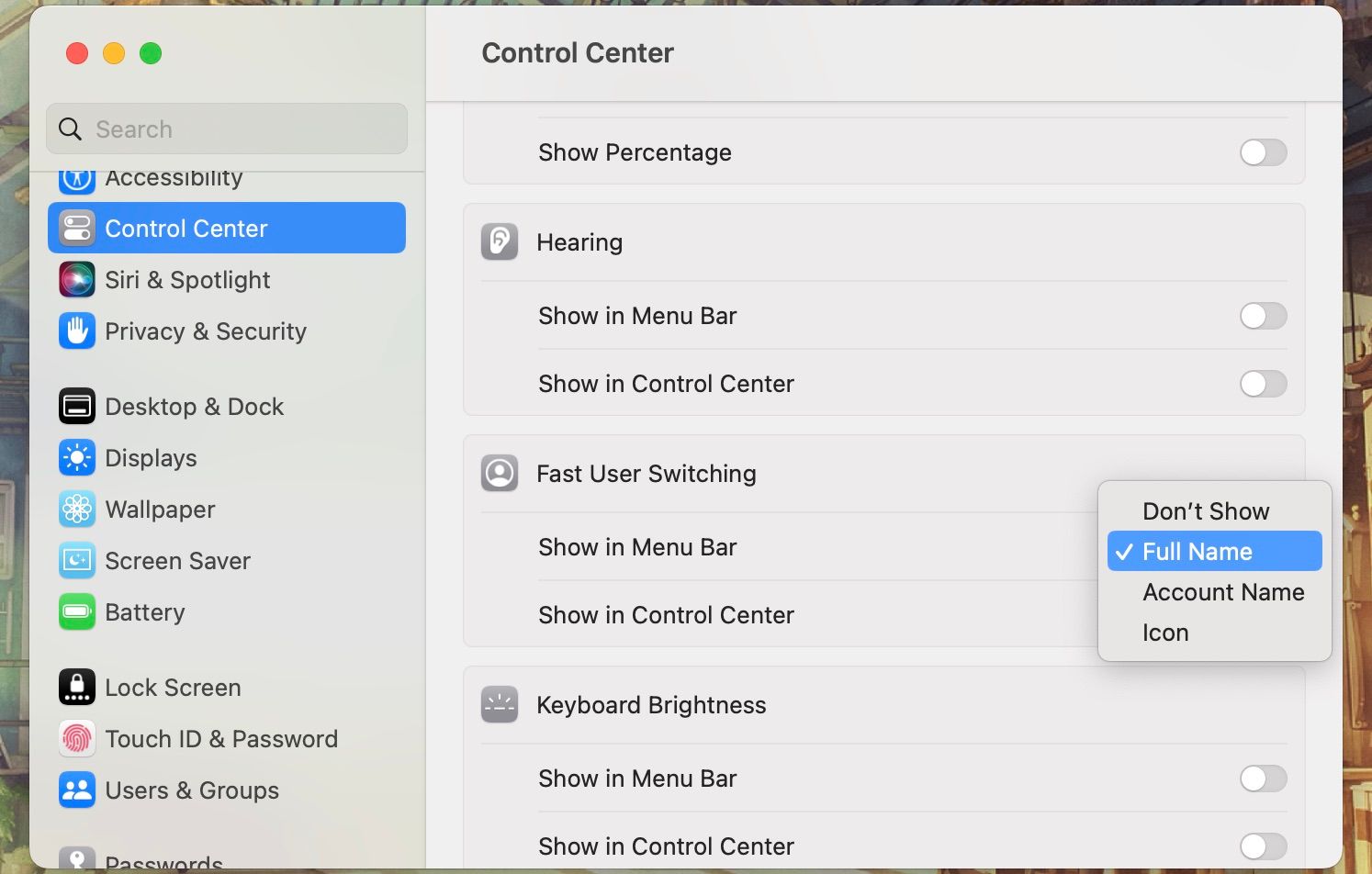 Control Center showing Fast User Switching menu bar options.