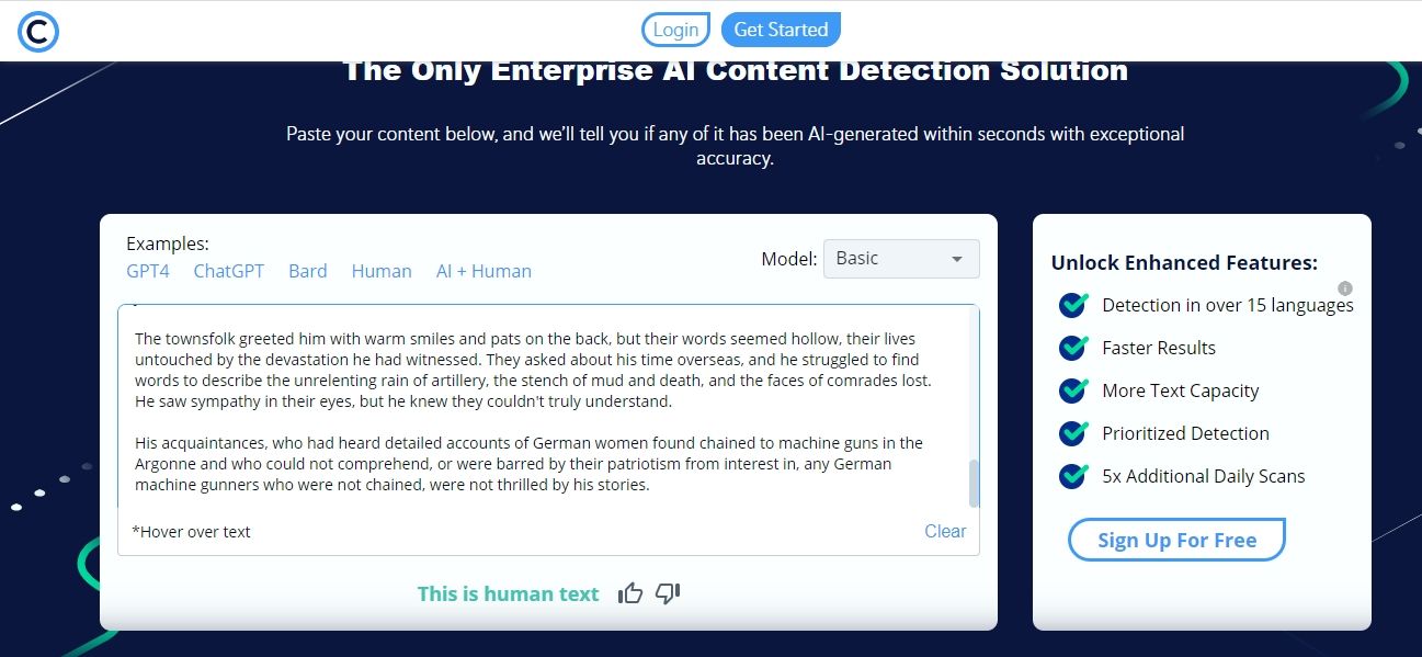 Captura de tela do detector de conteúdo Copyleaks AI