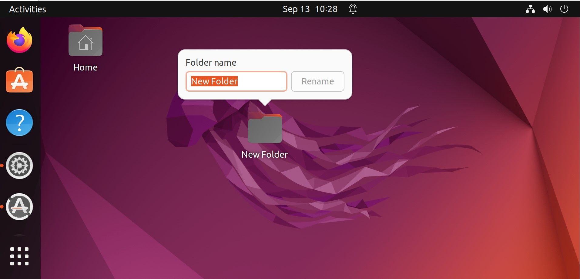 Novo ícone de pasta com opção de nomenclatura na área de trabalho do Ubuntu