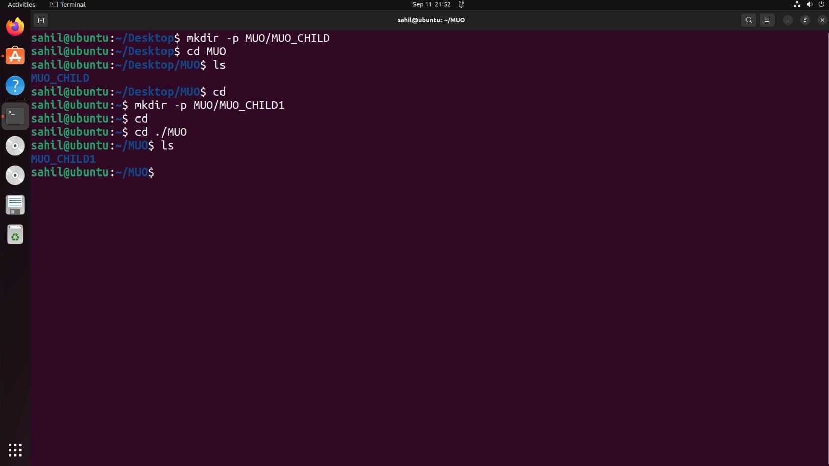Janela do terminal do Ubuntu com trechos de código para criar um diretório pai 