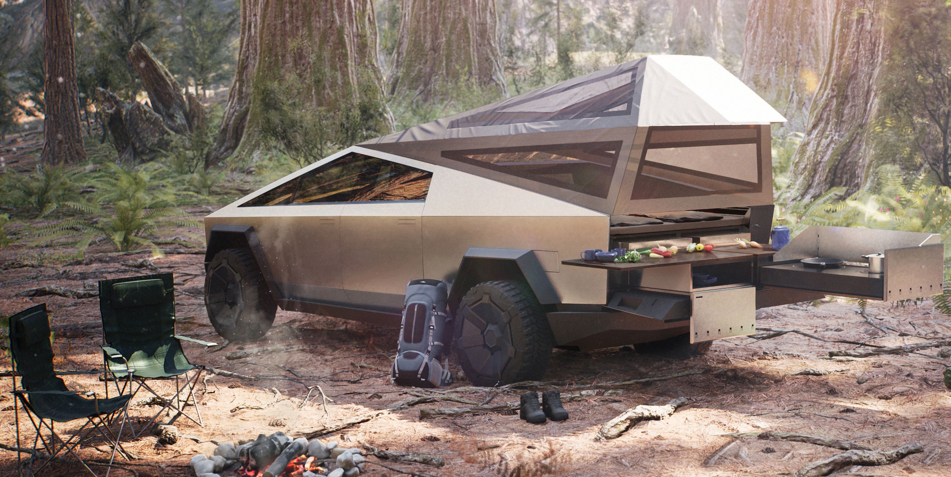 Tesla Cybertruck is equipped with camping equipment in the middle of the forest