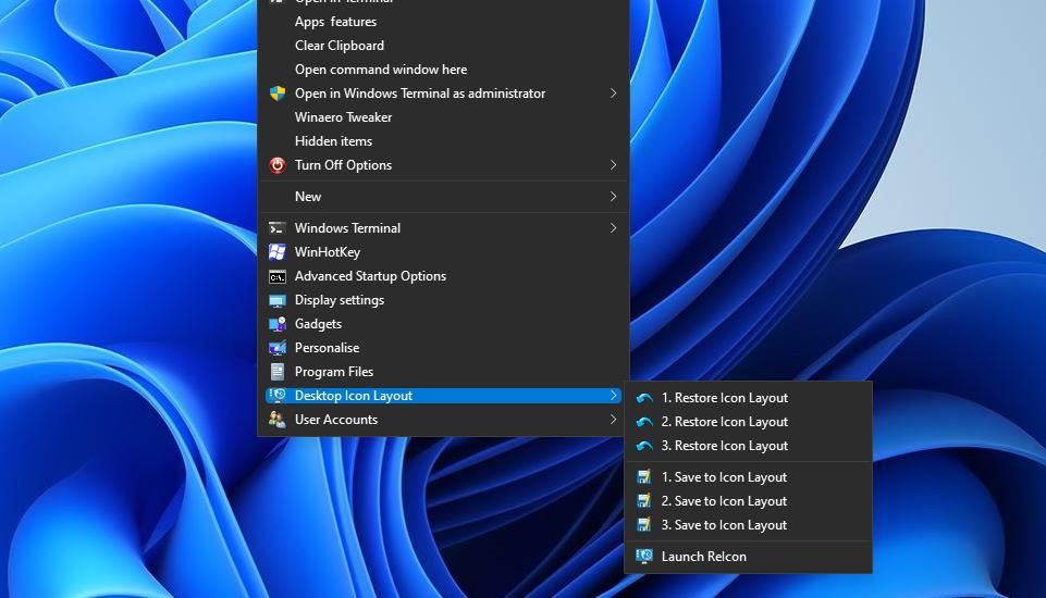 The Desktop Icon Layout submenu on the context menu 