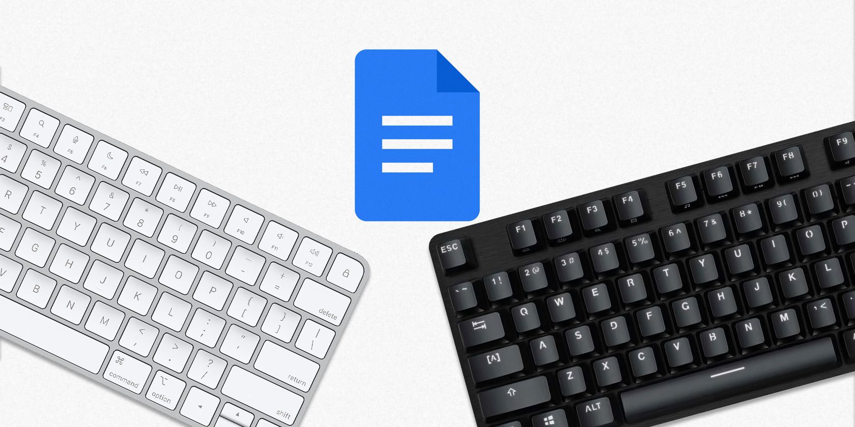Mac and PC keyboards with Google Docs logo above