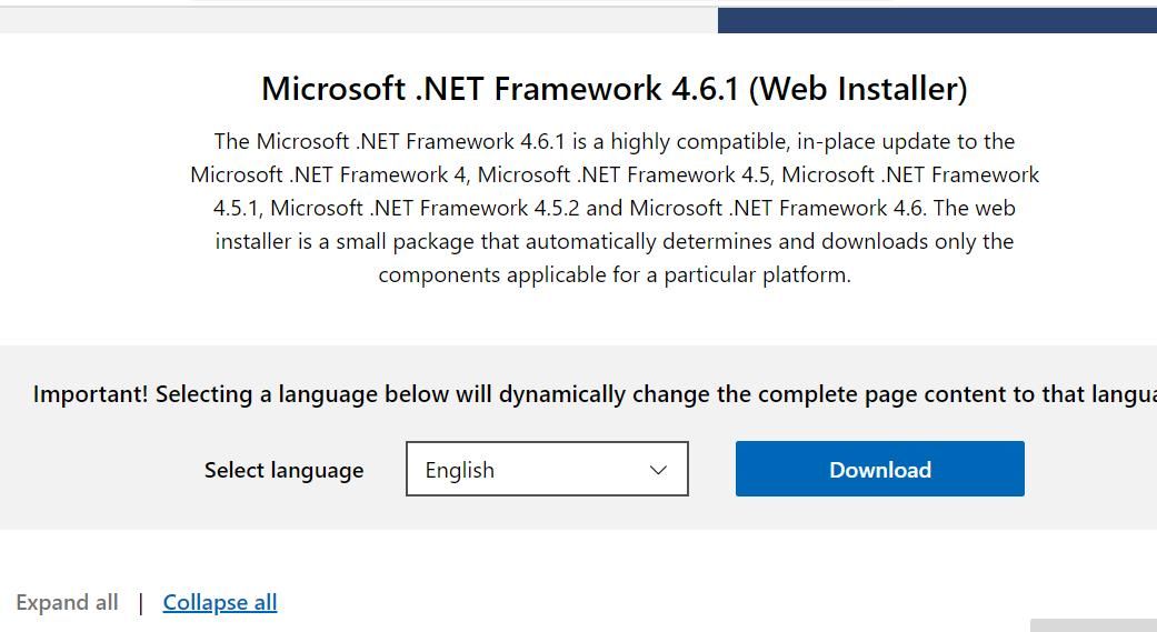 O botão Baixar para .NET Framework 4.6.1